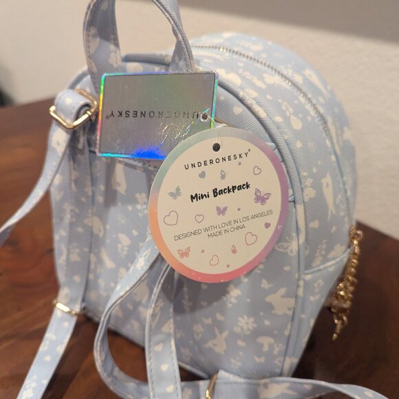 NWT UnderOneSky Texture Embroidered Floral Patch Bunny Mini Backpack Baby Blue - Picture 4 of 6